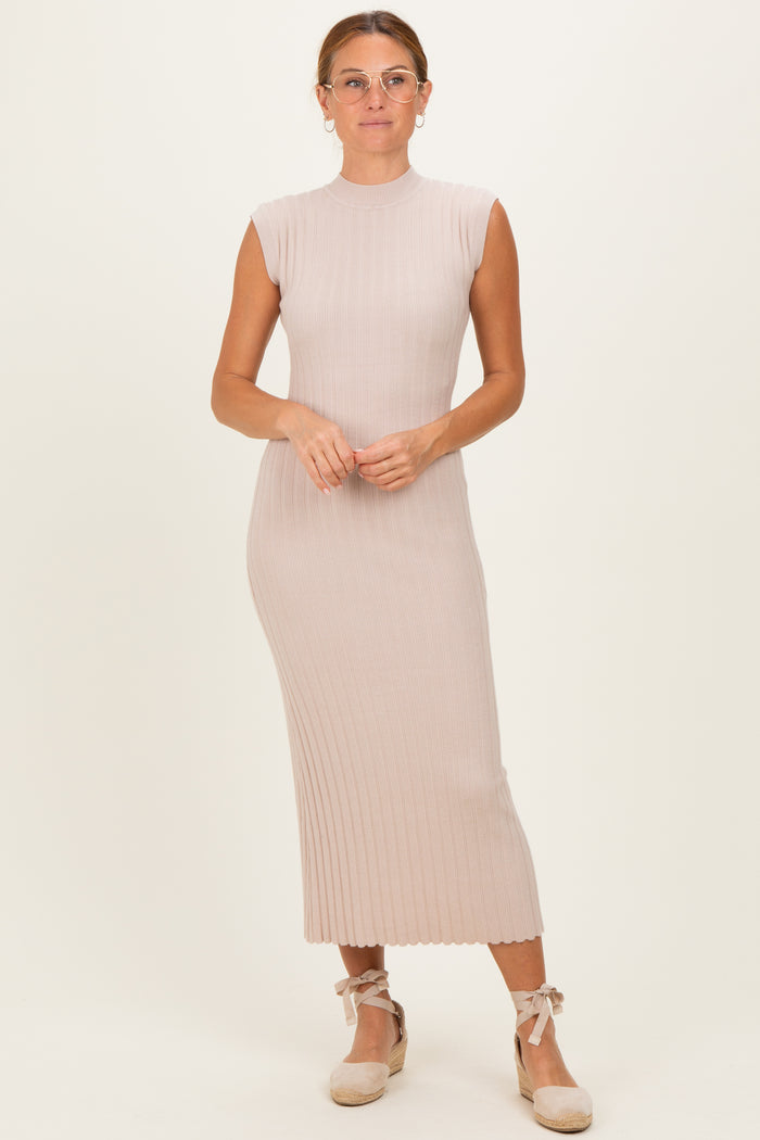 Sand Ribbed Knit Mock Neck Maternity Maxi Dress