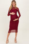 Burgundy Printed Mesh Long Sleeve Maternity Midi Dress