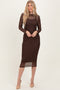 Brown Printed Mesh Long Sleeve Midi Dress