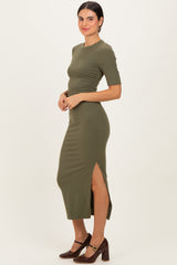 Olive Ruched Side Slit Midi Dress