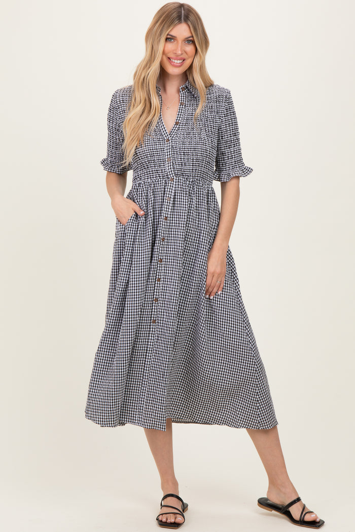 Black Gingham Smocked Button Down Maternity Midi Dress