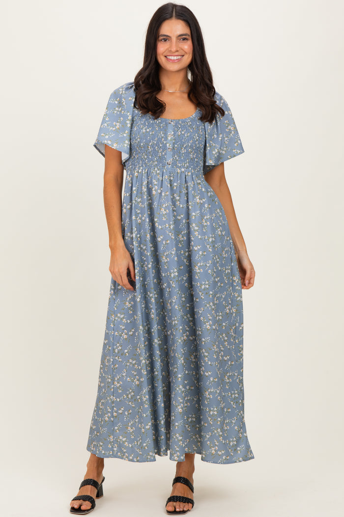 Grey Floral Smocked Flutter Sleeve Midi Dress
