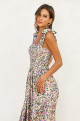 Pink Floral Smocked Shoulder Tie Midi Dress