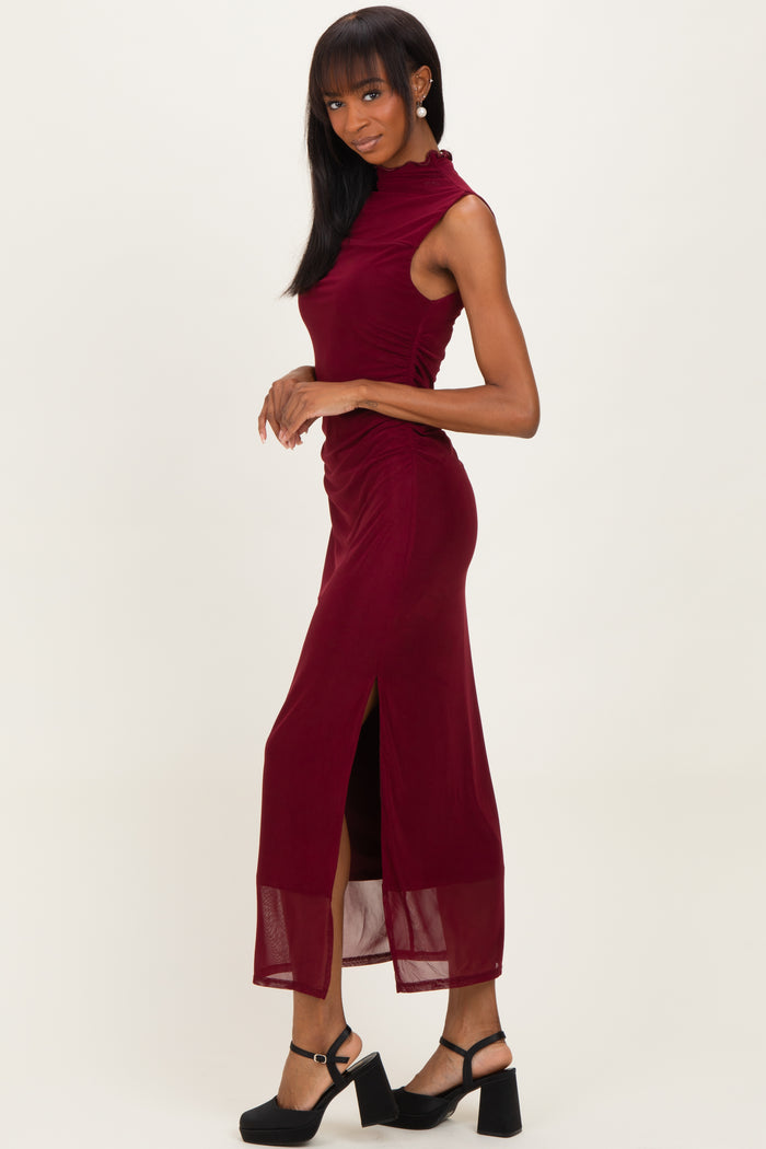 Burgundy Mock Neck Ruched Mesh Midi Dress