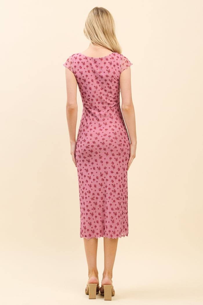 Pink Floral Mesh Front Tie Cutout Midi Dress
