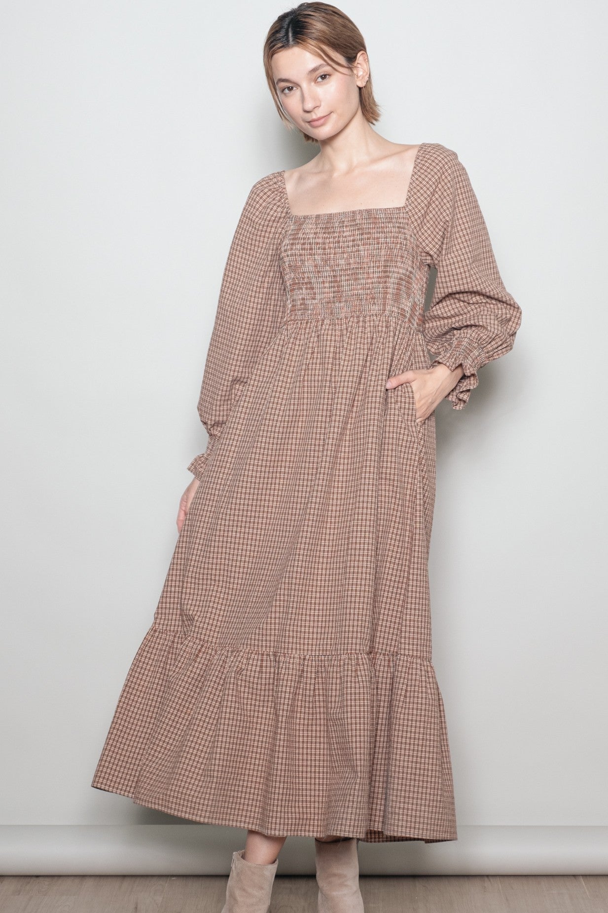 Chestnut Plaid Square Neck Long Sleeve Maternity Maxi Dress