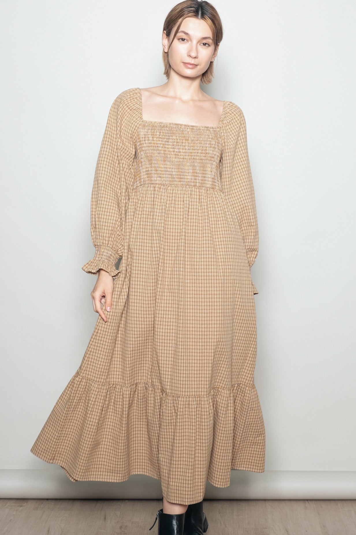 Mustard Plaid Square Neck Long Sleeve Maternity Maxi Dress