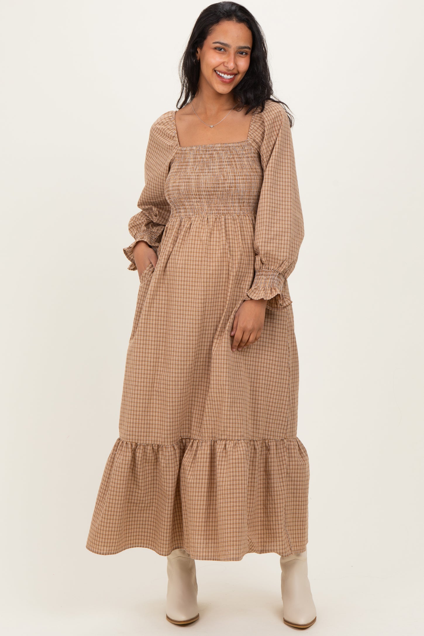 Mustard Plaid Square Neck Long Sleeve Maternity Maxi Dress