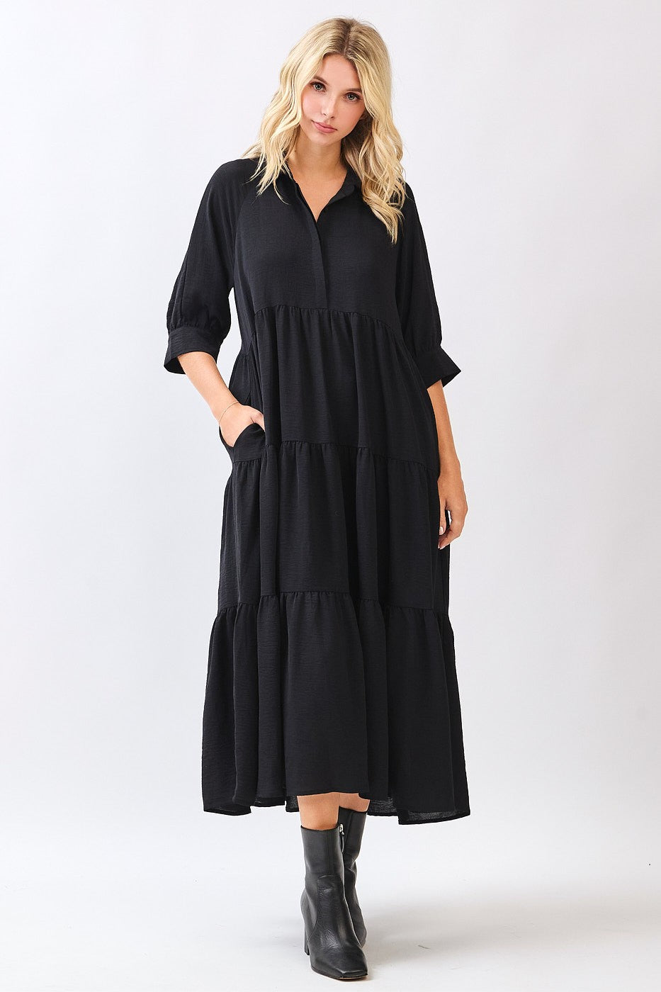 Black Collared Button Up Tiered Midi Dress