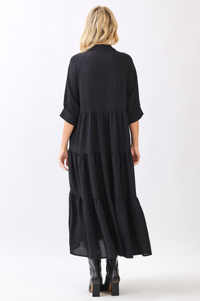 Black Collared Button Up Tiered Midi Dress