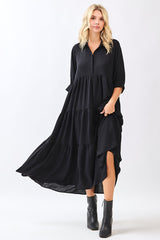 Black Collared Button Up Tiered Midi Dress