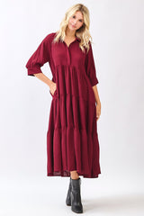 Wine Collared Button Up Tiered Midi Dress
