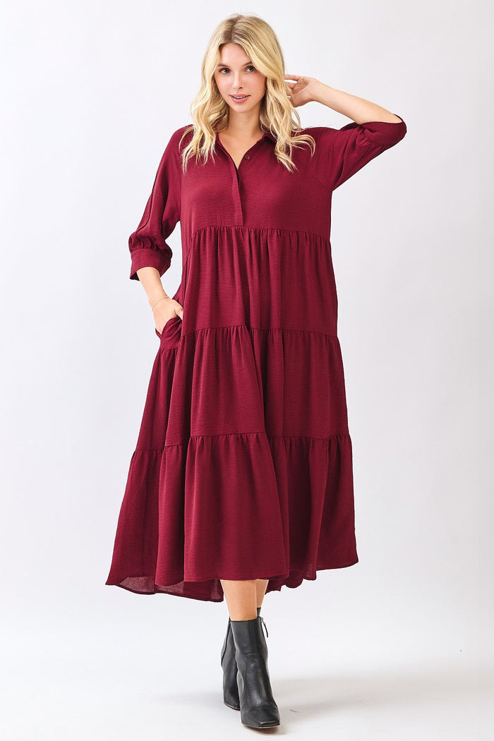 Wine Collared Button Up Tiered Midi Dress