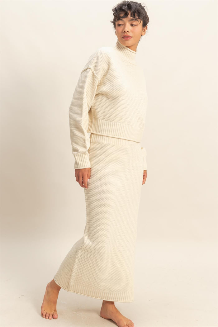 Cream Waffle Knit High Neck Sweater Skirt Set