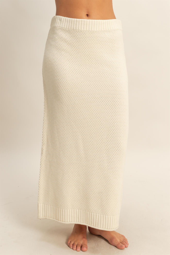 Cream Waffle Knit High Neck Sweater Skirt Set