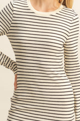 Cream Striped Long Sleeve Midi Dress