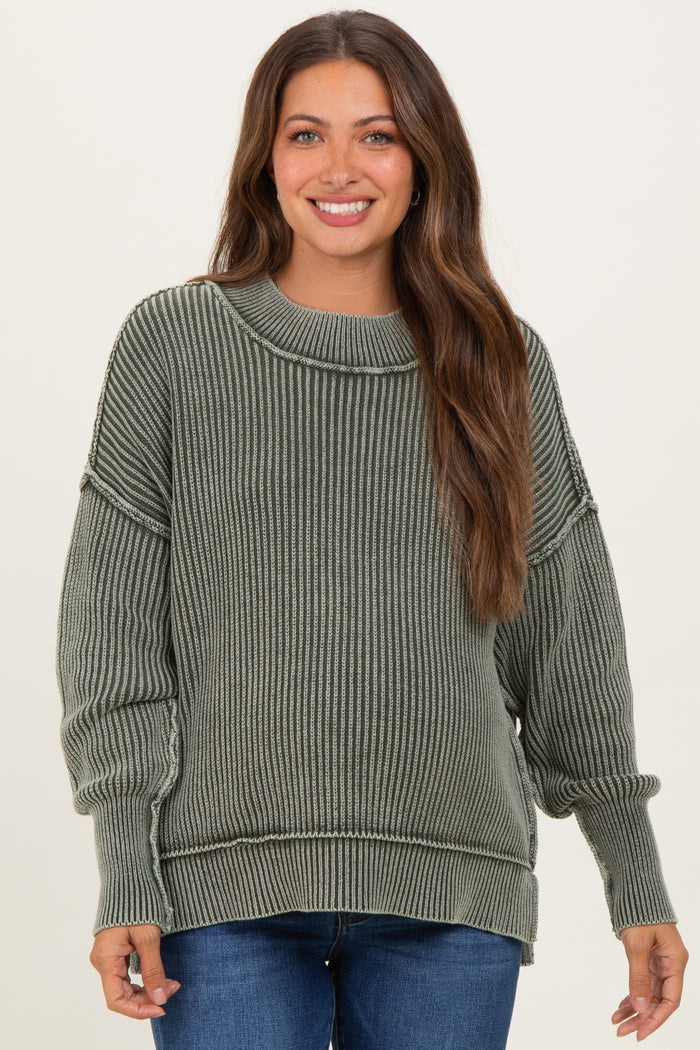 Olive Washed Side Slit Oversized Maternity Sweater