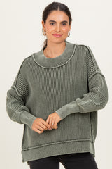 Olive Washed Side Slit Oversized Sweater