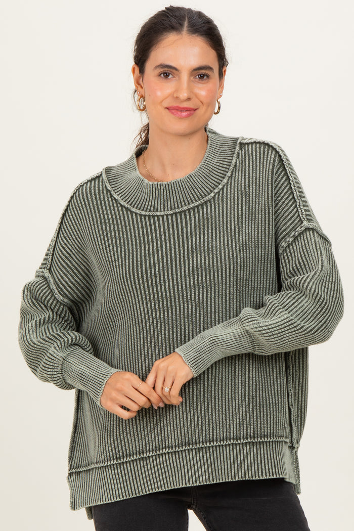 Olive Washed Side Slit Oversized Maternity Sweater