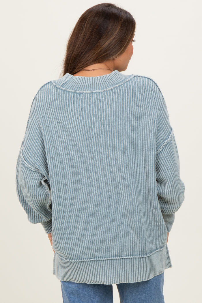 Light Blue Washed Side Slit Oversized Maternity Sweater