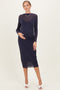 Navy Shimmer Mesh Long Sleeve Ruched Maternity Midi Dress