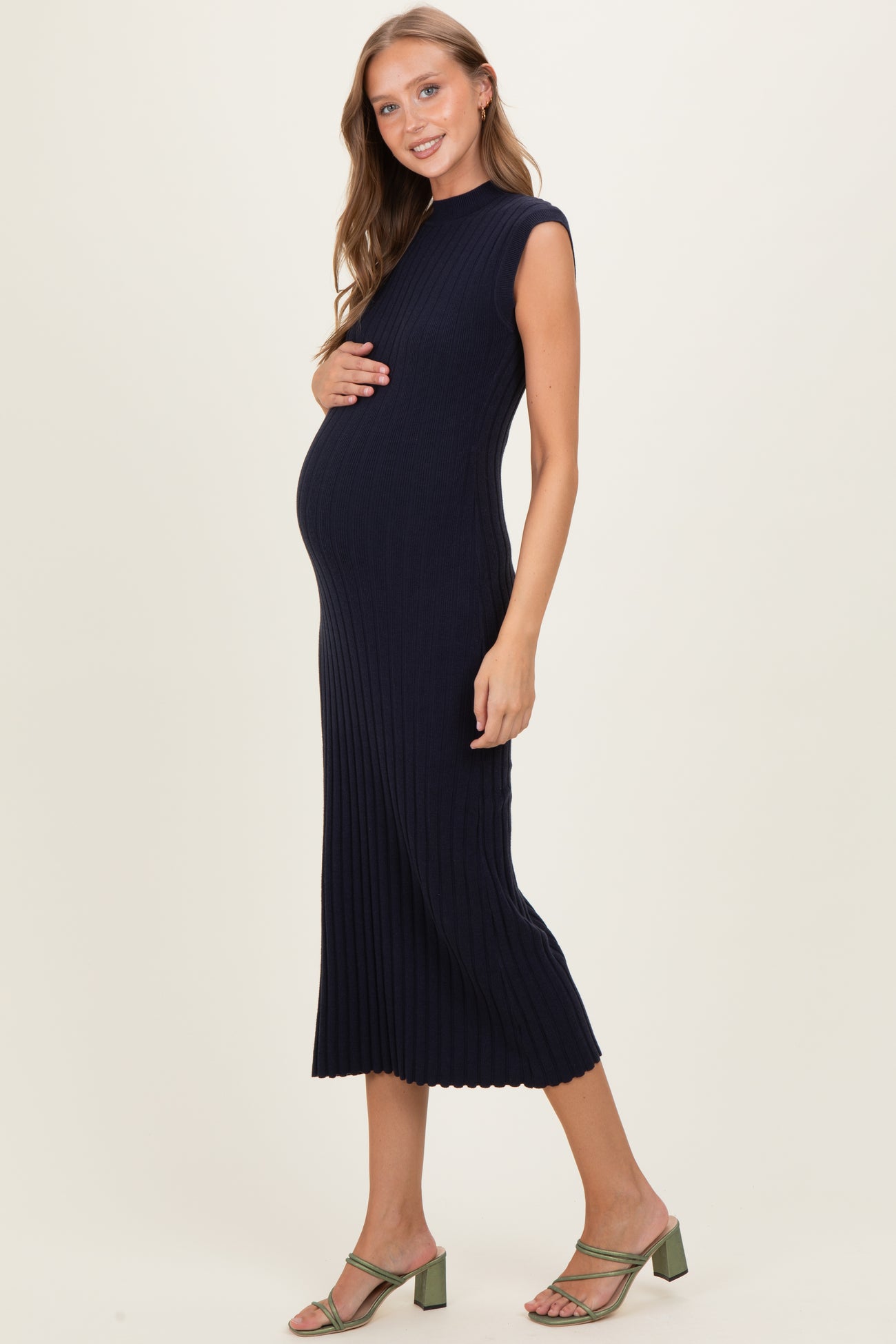 Navy Ribbed Knit Mock Neck Maternity Maxi Dress