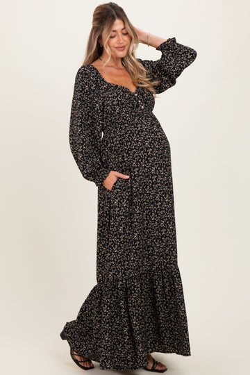 Black Floral Button Accent Long Sleeve Maternity Maxi Dress