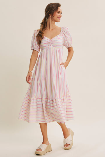 Fuchsia Stripe Sweetheart Neckline Midi Dress