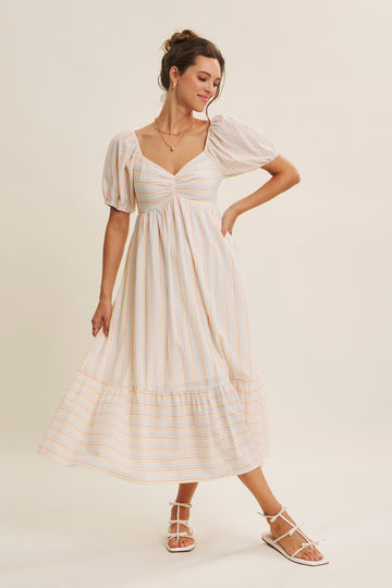 Orange Stripe Sweetheart Neckline Midi Dress