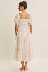 Orange Stripe Sweetheart Neckline Midi Dress