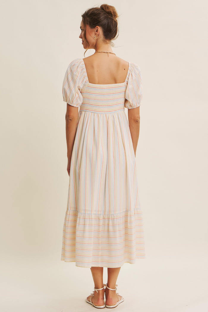 woman wearing a cream and striped mid-length summer dress with puff sleeves and a smocked bodice seen from the back
