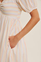 Orange Stripe Sweetheart Neckline Midi Dress