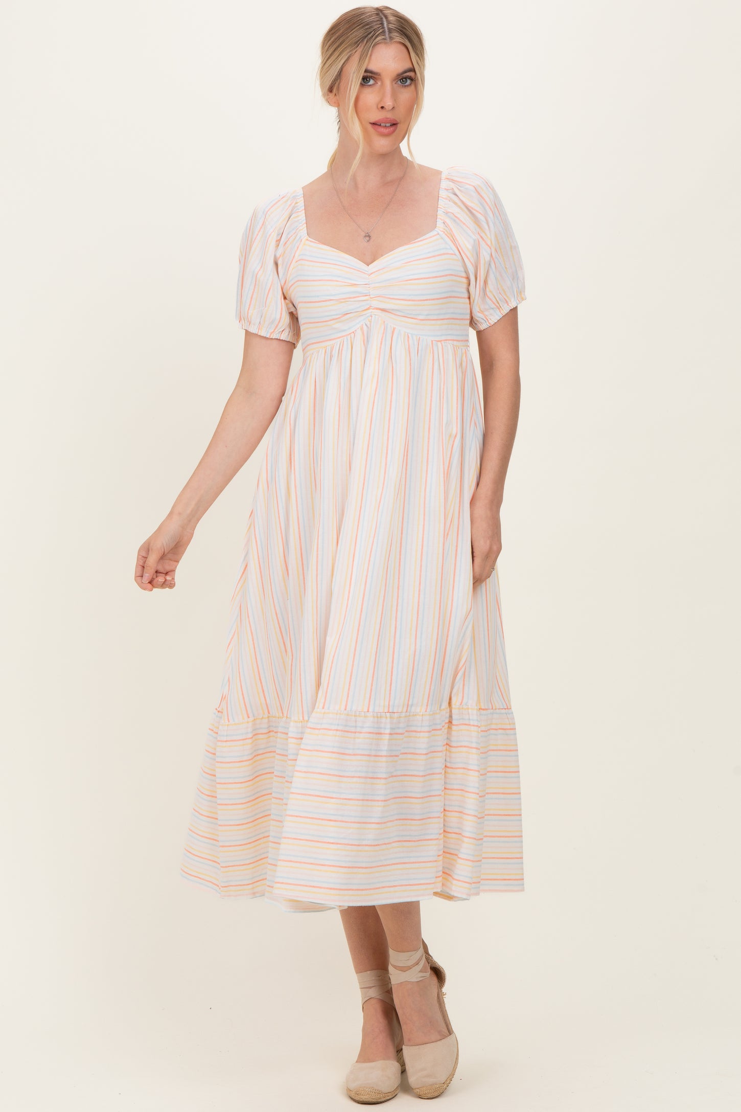 Orange Stripe Sweetheart Neckline Midi Dress