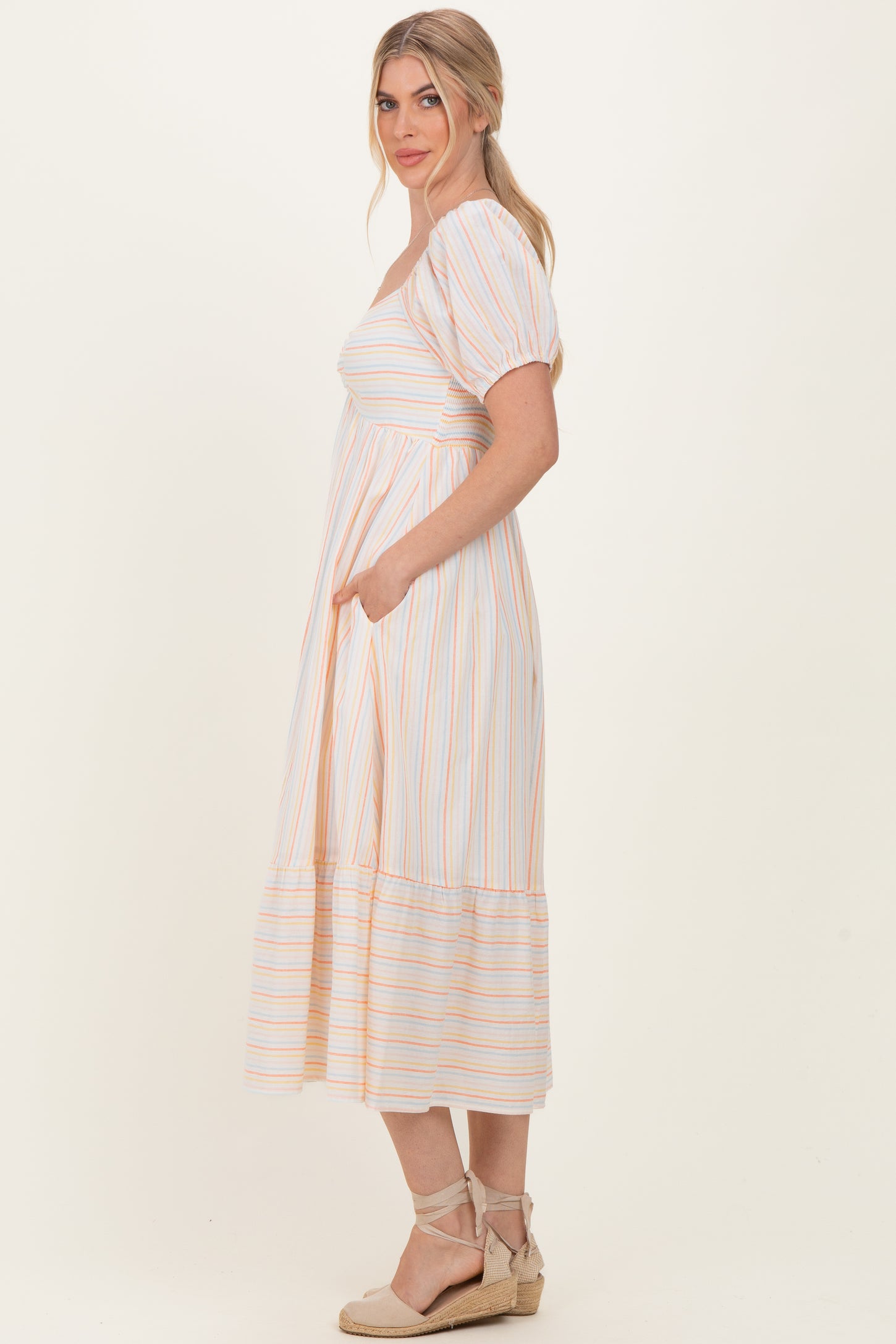 Orange Stripe Sweetheart Neckline Midi Dress