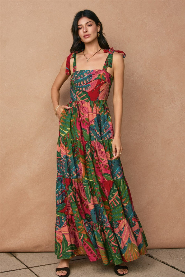 Green Printed Shoulder Tie Tiered Maternity Maxi Dress