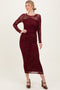 Burgundy Floral Flocked Mesh Long Sleeve Midi Dress