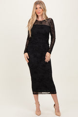 Black Floral Flocked Mesh Long Sleeve Midi Dress