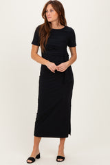 Black Short Sleeve Waist Tie Side Slit Maxi Dress