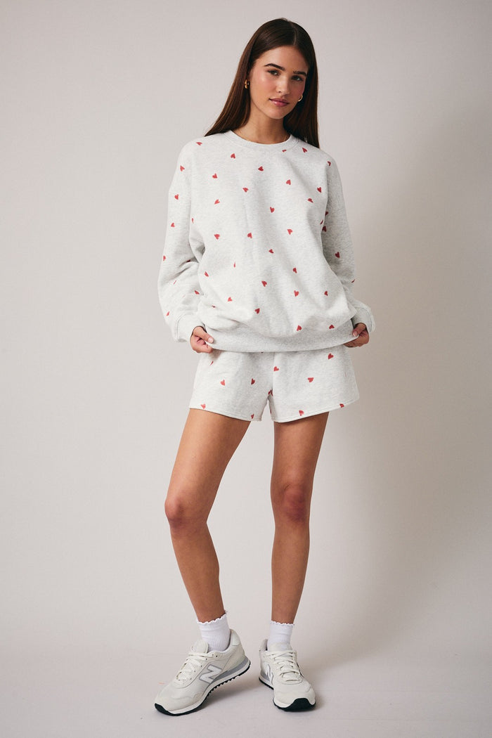 Heather Grey Crew Neck Heart Print Sweatshirt