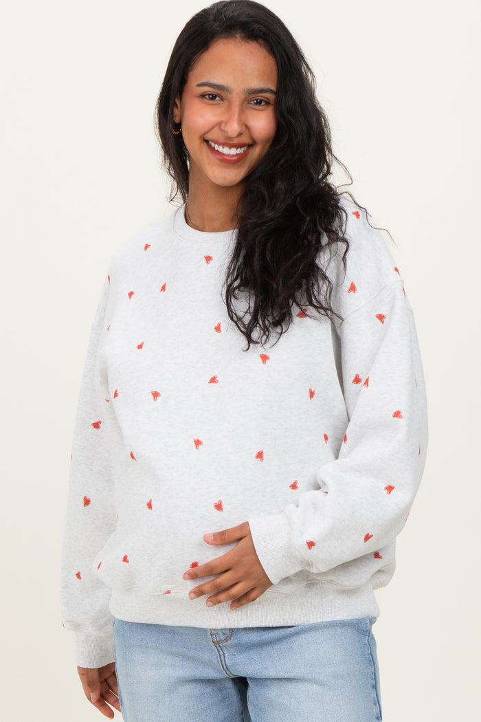 Heather Grey Crew Neck Heart Print Maternity Sweatshirt