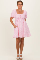 Pink Textured Puff Sleeve Dress