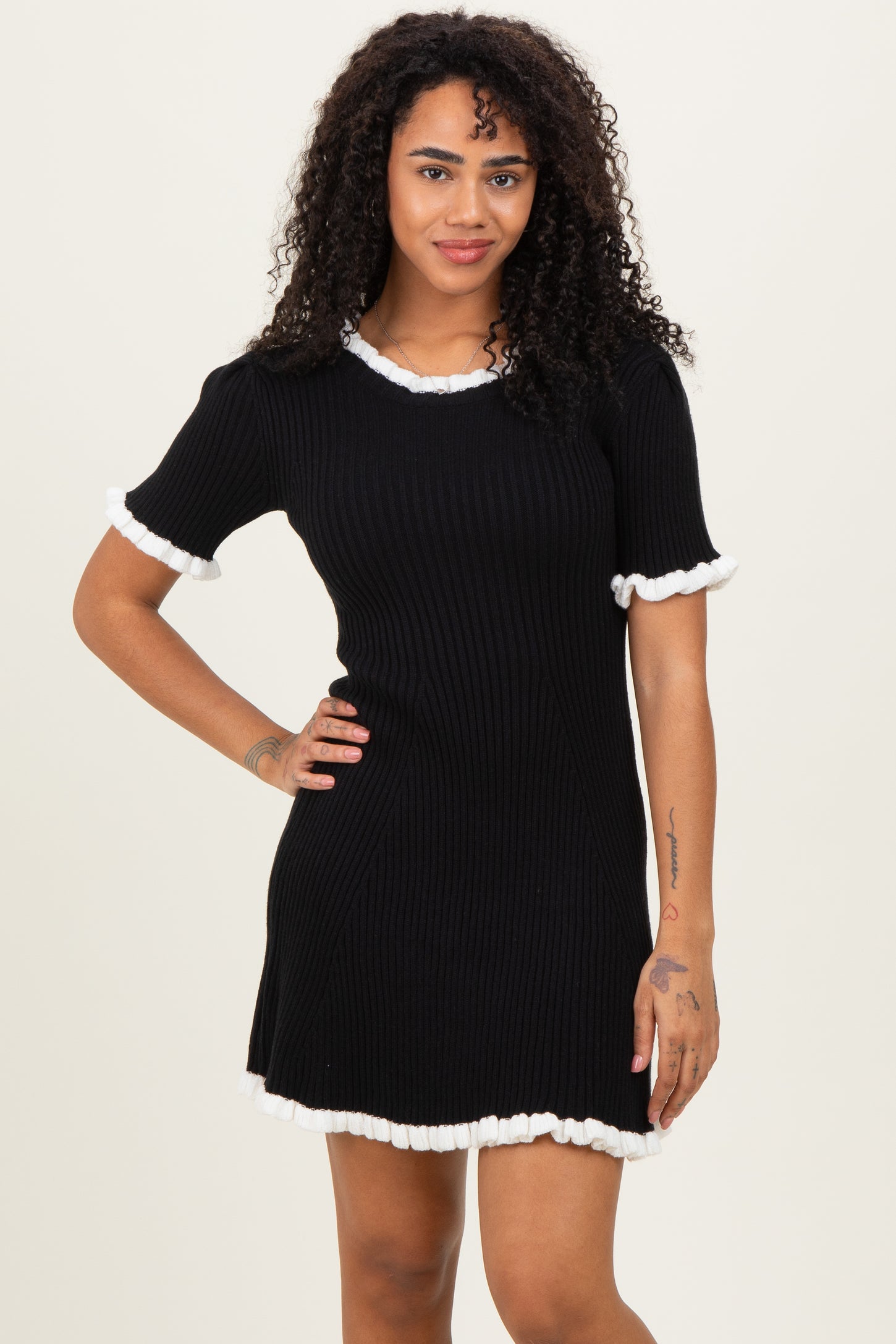 Black Ribbed Knit Ruffle Trim Mini Dress