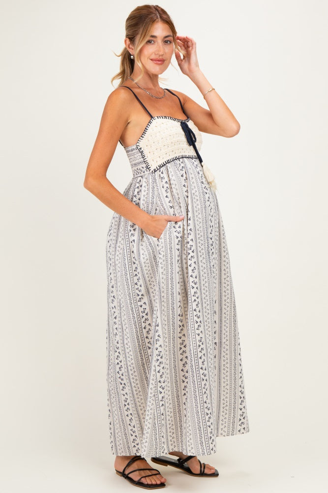 Navy Bohemian Dream Crochet Cotton Maternity Maxi Dress