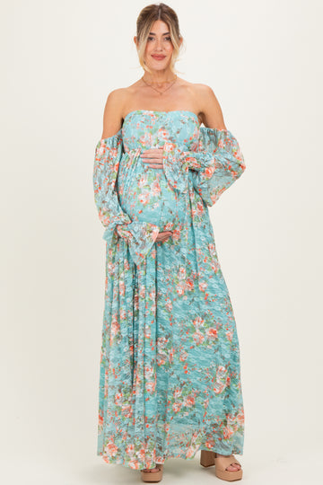 Mint Floral Lace Smocked Long Sleeve Off Shoulder Maternity Maxi Dress