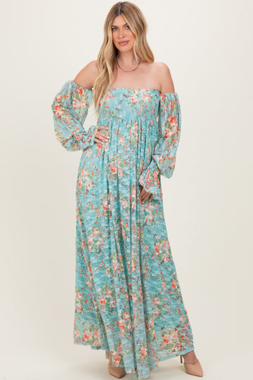 Mint Floral Lace Smocked Long Sleeve Off Shoulder Maxi Dress