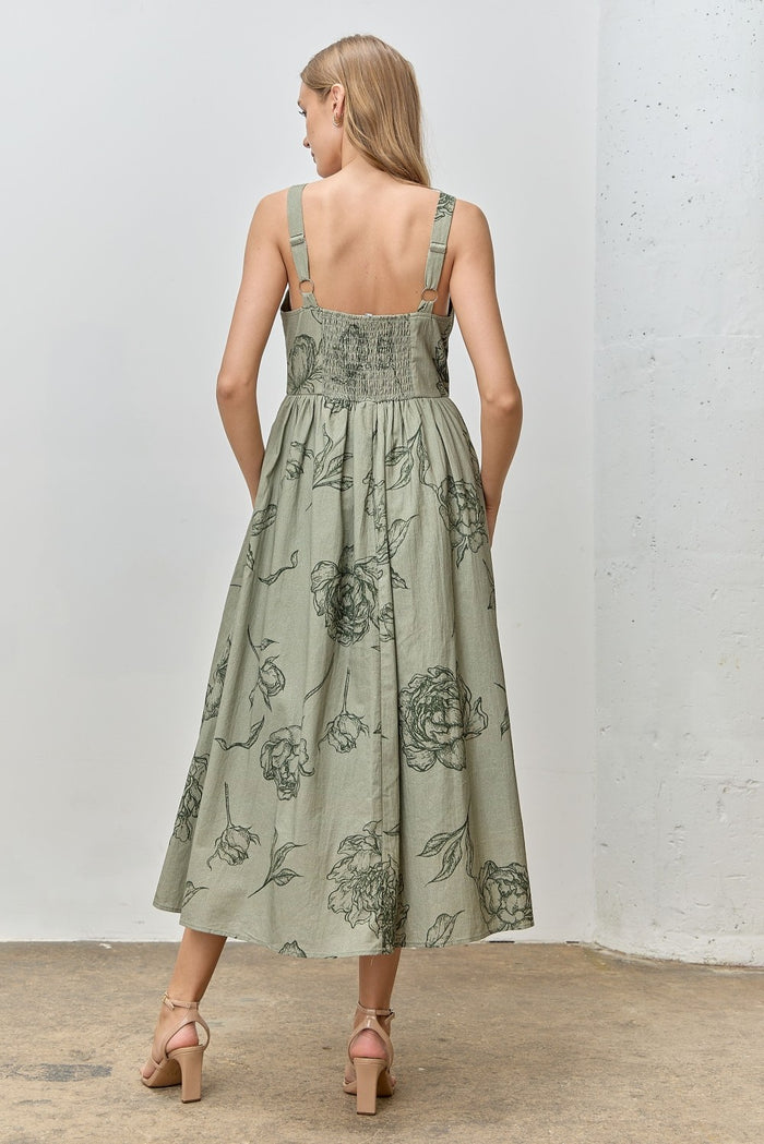 Light Olive Floral Sleeveless Midi Dress