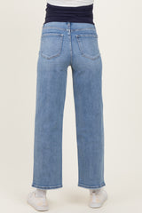 maternity wear light blue wide leg jeans shown from the back with a relaxed fit and no visible baby bump