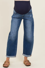 Navy Distressed Rolled Hem Barrel Leg Maternity Jeans