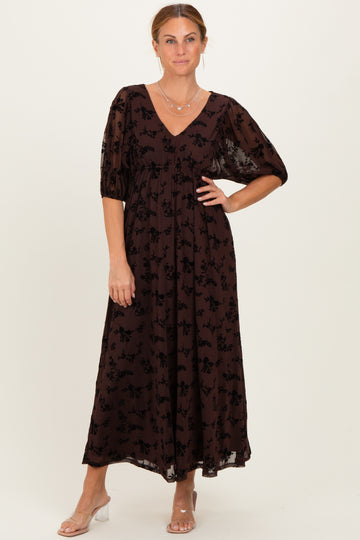 Brown Floral Mesh 3/4 Sleeve V-Neck Maxi Dress