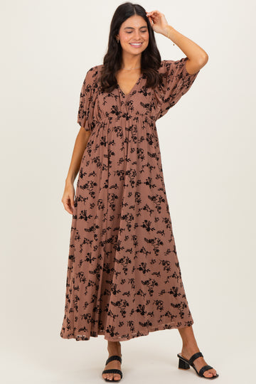 Mocha/Brown Floral Mesh 3/4 Sleeve V-Neck Maxi Dress
